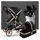 Folding Baby Stroller Pushchair 3 in 1 Carseat and Strollers Combo Foldable Carriage Luxury Pushchair Stroller Shock Absorption Springs High View Pram (Color : Black)