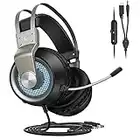 YaungBass Gaming Headset, Over-Ear Headphones with Noise Canceling Mic, Stereo Bass Surround Sound, Lightweight Memory Earmuffs LED Light PC headsets for PS4 PS5 Switch Nintendo Switch,Black & Silver