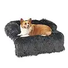 Calming Dog Bed Plush Dog Mat Dog Sofa, Pet Couch Protector for Dog, Pet Furniture Cover with Memory Foam Neck Bolster, Machine Washable Pet Beds (L(45.2*35.4in), Dark Grey)