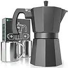 Coffee Gator Moka Pot - 6 Cup, Stovetop Espresso Maker - Classic Italian and Cuban Coffee Percolator w/ 2 Stainless-Steel Cups – Matte Grey Aluminum