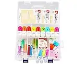 6 stylos surligneurs de seringue, 4 stylos de seringue, 12 stylos à capsule, 3 notes autocollantes pour aide à la bande, 1 boîte de réception en plastique et 2 jolis rubans de washi