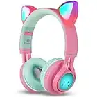 RiwBox - Casque BluetoothCT-7 Oreille de Chat - sans Fil et Pliable - avec Microphone et contrôle du Volume - pour iPhone/iPad/Smartphone/Ordinateur Portable/PC/TV Pink&Green