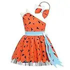 Toddler Kids Infant Baby Girl Pebbles Flintstone Costume Historical Stone Age Cavegirl Halloween Cosplay Fancy Dress Up One Shoudler Dress Bone Bowknot Headband 1st Birthday Outfit Orange 6-12 Months