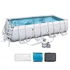 Bestway Power Steel 18' x 9' x 48" Rectangular Metal Frame Above Ground Outdoor Swimming Pool Set with 1,500 GPH Filter Pump, Ladder, and Pool Cover