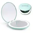 wobsion LED Lighted Travel Makeup Mirror, 1x/10x Magnification, Compact, Portable for Handbag, Purse, Pocket, 3.5 inch Illuminated, Folding, Handheld, 2-Sided , Round, Cyan