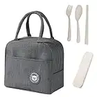 Borsa termica per il pranzo con 3 posate (confezionata), impermeabile, a prova di perdite, borsa termica, borsa termica, riutilizzabile, pieghevole, per scuola, picnic o lavoro all'aperto, colore grigio