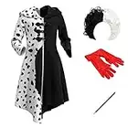 Disfraz de Cruella Deville para Niñas 101 Dálmatas Cruela Vestido Cosplay Fiesta Cumpleaños Navidad Costume de Halloween Vestido Abrigo con Guantes Peluca Soporte para Cigarrillos 4pcs 9-10 años