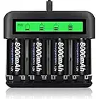 CITYORK 4pcs D Cell 8000mAh Piles Rechargeables avec 8 Fentes AA/AAA/C/D Ni-MH Chargeur de Batterie Ni-CD