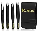 Ruxbury 4pcs Tweezers for facial hair women & men Professional Stainless Steel black color coated precision tweezers Slanted & Pointed Tip eyebrow tweezers for Ingrown Hair tweezers with leather pouch