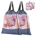 FIOBEE Travel Laundry Bags 2 Pack Foldable Dirty Clothes Laundry Bag for Traveling with Handles Drawstring Zipper for Camp College Gym, Pink