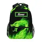 Custom Green Fire Dragon School Backpack Personalized Your Name Text Bookbag for Boys Girls Teens Casual Travel Bag Computer Laptop Daypack