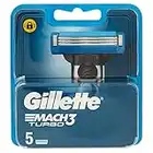 Gillette Mach 3 Turbo Lamette da Barba per Rasoio di Sicurezza, Confezione da 5 Ricambi da 3 Lame, Lame affilate e Gel Lubrificante