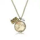 MadamLili GLOBETROTTER Collana da donna con mappa del mondo con fotocamera – fatta a mano, Ottone e vetro, Nessuna pietra preziosa