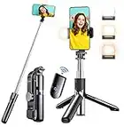 Perche Selfie Trépied avec Lumière, Gritin 4 en 1 Mini Selfie Stick Trépied Bâton Selfie Bluetooth avec 6 Modes d'Éclairage Réglable [Blanc/Jaune Chaud/Naturel] & Télécommande pour iPhone/Gopro/Huawei