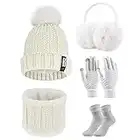 CheChury Tricotés Bonnet Écharpe et Gants Ensemble 5 Pièces d'hiver Bonnet Écharpe en Tricot Cache-Oreilles Chaussettes Gants écran Tactile Femme Chapeau Pompon,Blanc,Taille unique