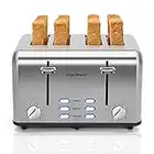 Aigostar Toaster 4 Slice Stainless Steel Toaster with Independent and Extra-Wide Slots, High Lifting, Defrost & Reheat Functions, Variable Browning Settings, Silver - Gordon 30ZGE