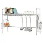 HAITRAL Dish Drying Rack Stainless Steel Adjustable Length Over The Sink Nonslip Hygienically Cutlery Holder Organizer with Chopstick and Chopping Holder Dry Easily Practical in Kitchen(Single-Layer)