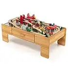 COSTWAY Wooden Train Track Set, 2-in-1 Kids Activity Table with Reversible Tabletop, 100 Pieces Toy and Storage Drawer, Creative Railway Playset for Boys Girls