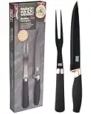 Carving Knife & Meat Fork Set - 20cm/8 Inch Classic Black Plated Blade. Strong, Stylish Two Prong Fork for Professional Chefs & Home Cooks. Copper Bolster. Soft Grip Handle. Taylors Eye Witness