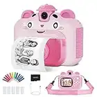 Instant Print Digital Kids Camera,Selfie 1080P Video Camera for Kid with 180° Rotating Len,32GB TF Card,Print Paper,Color Pens Set,Rechargeable Toy Camera for 3-12 Years Old Girls Boys Birthday (Pink)