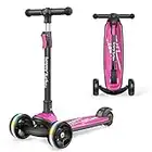 besrey Kids Scooter - Big Wheels Foldable Kick Scooter with Flashing LED Lights for Boys Girls, 4 Levels Height Adjustable Scooter, Wide Deck Scooter for Kids Ages 2-8 with Safe Lean to Steer Design