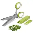 Herb Cutter Scissors 5 Blade Scissors Kitchen Multipurpose Cutting Shear with 5 Stainless Steel Blades & Safety Cover & Cleaning Comb Cilantro Scissors Sharp Shredding Shears Christmas Gift (Green)