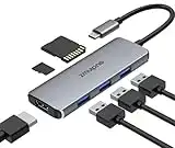 USB C Hub Adapter for MacBook Air Pro 2023/2022/2021,Surface Go,6 in 1 USBC Type C Dongle with 4K HDMI,3 USB 3.0 Ports,SD/Micro SD Card Reader-Space Grey