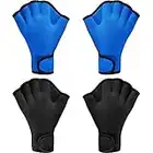 2 Pairs Swimming Gloves Aquatic Swim Training Gloves Neoprene Gloves Webbed Fitness Water Resistance Training Gloves for Swimming Diving with Wrist Strap (Black, Blue,Large)