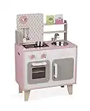 Janod - Cuisine Enfant en Bois Macaron - Équipée avec Frigo et Four Micro Ondes - Avec Bruitage - Imitation et Eveil - 5 Accessoires Inclus - Dès 3 ans, J06567, Rose et Blanc