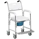 HOMCOM 3 in 1 Shower Commode Wheelchair, Transport Beside Commode Chair, Waterproof Rolling Over Toilet Chair 330 lbs. Weight Capacity with Padded Seat, White