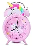 Silent Bedside Alarm Clock Battery Operated,Non-Ticking Pink Unicorn Clock for Girls Bedroom Desk,Classic Loud Twin Bell Clock with Backlight