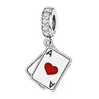 Qings Ciondolo di Giocando a Carte in Argento 925, Poker Asso di Cuori Picche Charm Ciondolo Fortunato Adatto a Tutti i Tipi di Bracciali e Collane per Donne e Ragazze