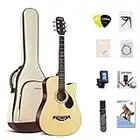 Lankro Guitarra acústica de 38 pulgadas para principiantes, guitarra occidental, natural, tilo, cutaway, juego de guitarra, con bolsa de concierto, cuerda de aprendizaje, selección, paño de limpieza