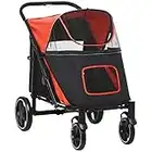 PawHut Pet Stroller w/Universal Front Wheels, Shock Absorber, One-Click Foldable Dog Cat Carriage w/Brakes, Storage Bags, Mesh Window, Safety Leash, for Large and Medium Dogs - Red