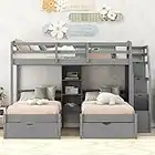 Triple Bunk Beds with Stairs and Storage, Twin Over Twin&Twin Bunk Bed for 3 Kids, Wood Bunk Bed Frame with Drawers and Built-in Shelves for Kids,Teens, Adults, No Box Spring Needed (Gray)