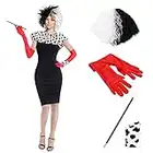 OBEEII Cruella Deville Costume Adult Women Black White 101 Dalmatian Strap Evening Dress for Halloween Christmas Carnival Fancy Dress Up Costume Cruella C S