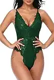 EVELIFE Women Sexy Teddy Lingerie One Piece Lace Babydoll Deep V Neck Bodysuit, Dark Green L