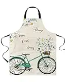 Green Bicycle with Daisy Aprons for Women/Men with Pockets, Farm Retro Newspaper Waterproof Bib Kitchen Apron for Cooking, Daisyhor7239, 26.4" x 35"