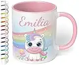 Kinder-Tasse mit Namen „Einhorn mit Regenbogen-Motiv“ – personalisierte Namenstasse für Jungen und Mädchen - rundum bedruckt – schönes Geschenk zu Weihnachten, Geburtstag (Rosa)