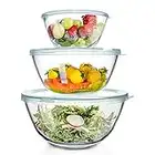 WhiteRhino Glass Mixing Bowls with Lids Set of 3（4.5QT,2.7QT, 1.1QT), Large Kitchen Salad Bowls, Space-Saving Nesting Bowls, Round Glass Serving Bowls for Cooking,Baking,Prepping,Dishwasher Safe