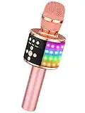 Bonaok Microphone karaoké sans fil Bluetooth avec lumières LED contrôlables, haut-parleur portable pour karaoké, cadeau d'anniversaire de fête, jouet de voyage pour Android/iPhone/iPad/PC (or rose)