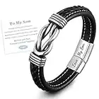 HNLUGF Mother and Son Forever Linked Together Braided Leather Bracelet, Men's Stainless Braided Leather Bracelet Inspirational Bangle Wristband, Son Graduation Birthday Gift from Mom
