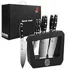 TUO Kitchen Knife Set with Wooden Block Knife Block Sets 7 Piece Professional Chef Knife Set German High Carbon Stainless Steel Kitchen Knife Set-Black Hawk Series