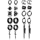 9 Pairs Magnetic Stud Earrings Stainless Steel Feather Dangle Hinged Earring CZ Magnet Earring Non-Piercing Cross Dangle Hoop Earring Set, Black