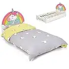 COSTWAY Lit Enfant avec 6 Pieds Réglables, Lit Moderne avec Motifs Licorne, Tête de Lit Douce pour Jouer Lire Dormir, Charge 100KG, 151x76x70 cm pour Enfants de 2-6 Ans(Licorne)