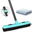 Rubber Broom Carpet Rake for Pet Hair Removal, Fur Remover Broom with 59" Telescoping Long Handle, Pet Hair Broom with Squeegee for Carpet, Hardwood Floor, Tile