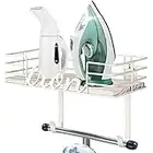 TJ.MOREE Ironing Board Hanger Wall Mount - Laundry Room Decor Iron and Ironing Board Holder, Metal Wall Mount with Large Storage White Wooden Base Basket and Removable Hooks (White)