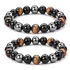 8mm Triple Protection Hematite Magnetic Therapy Bracelet, 2PCS Hematite Beads+Black Obsidian+Tiger's Eye Stone Couple Bracelets for Men Women (C)