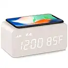 MOSITO Digital Wooden Alarm Clock with Wireless Charging, 0-100% Dimmer, Dual Alarm, Weekday/Weekend Mode, Snooze, Wood LED Clocks for Bedroom, Bedside, Desk, Kids (White)