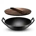 Big Smoke's Cast Iron Wok Non Stick for Stir Fry, Grilling, Frying and Steaming Professional Cast Iron Wok with Lid Non Stick | Deep and Concave Wok Pan with Elegant Wooden Lid and Wide Handles | 30cm